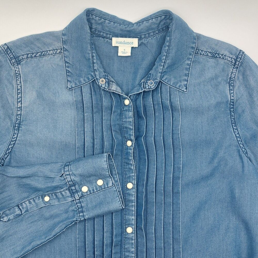 Sundance Tessa Pearl Snap Tuxedo Shirt Women's Small Blue Chambray Tencel Top